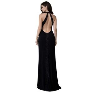 Vintage Black Beaded Open Back Halter Maxi Dress 11/12 Gatsby Old Hollywood Y2K